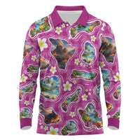 Hawaiian Island Shapes-Iconic Landscape Long Sleeve Polo Shirt with Plumeria and Palaka Pink Color LT03 Pink - Polynesian Pride