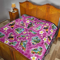 Hawaiian Island Shapes-Iconic Landscape Quilt with Plumeria and Palaka Pink Color