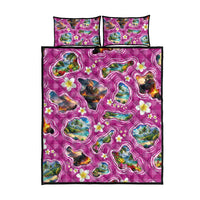 Hawaiian Island Shapes-Iconic Landscape Quilt Bed Set with Plumeria and Palaka Pink Color