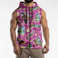 Hawaiian Island Shapes-Iconic Landscape Sleeveless Zip Hoodie with Plumeria and Palaka Pink Color LT03 - Polynesian Pride