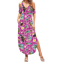 Hawaiian Island Shapes-Iconic Landscape Summer Maxi Dress with Plumeria and Palaka Pink Color