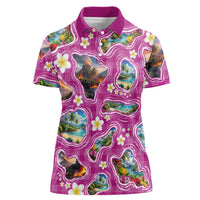 Hawaiian Island Shapes-Iconic Landscape Women Polo Shirt with Plumeria and Palaka Pink Color LT03 Female Pink - Polynesian Pride