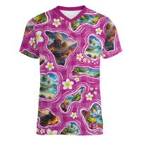 Hawaiian Island Shapes-Iconic Landscape Women V-Neck T-Shirt with Plumeria and Palaka Pink Color LT03 Female Pink - Polynesian Pride