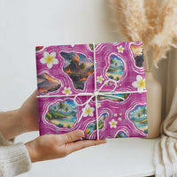 Hawaiian Island Shapes-Iconic Landscape Wrapping Paper with Plumeria and Palaka Pink Color