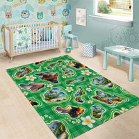 Hawaii Map with Plumeria Flower and Palaka Pattern Area Rug Tropical Island Green Design