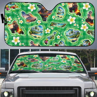 Hawaii Map with Plumeria Flower and Palaka Pattern Auto Sun Shade Tropical Island Green Design