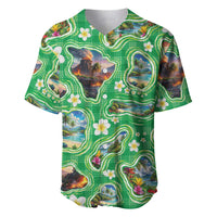 Hawaii Map with Plumeria Flower and Palaka Pattern Baseball Jersey Tropical Island Green Design