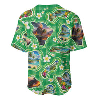 Hawaii Map with Plumeria Flower and Palaka Pattern Baseball Jersey Tropical Island Green Design