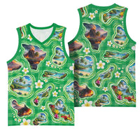 Hawaii Map with Plumeria Flower and Palaka Pattern Basketball Jersey Tropical Island Green Design