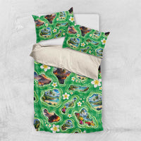 Hawaii Map with Plumeria Flower and Palaka Pattern Bedding Set Tropical Island Green Design