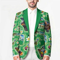 Hawaii Map with Plumeria Flower and Palaka Pattern Blazer Tropical Island Green Design