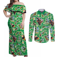 Hawaii Map with Plumeria Flower and Palaka Pattern Couples Matching Off Shoulder Maxi Dress and Long Sleeve Button Shirt Tropical Island Green Design