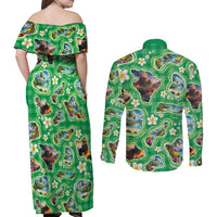 Hawaii Map with Plumeria Flower and Palaka Pattern Couples Matching Off Shoulder Maxi Dress and Long Sleeve Button Shirt Tropical Island Green Design