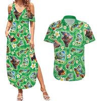 Hawaii Map with Plumeria Flower and Palaka Pattern Couples Matching Summer Maxi Dress and Hawaiian Shirt Tropical Island Green Design