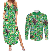 Hawaii Map with Plumeria Flower and Palaka Pattern Couples Matching Summer Maxi Dress and Long Sleeve Button Shirt Tropical Island Green Design