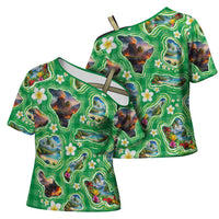 Hawaii Map with Plumeria Flower and Palaka Pattern Cross Shoulder Shirt Tropical Island Green Design