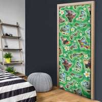 Hawaii Map with Plumeria Flower and Palaka Pattern Door Cover Tropical Island Green Design