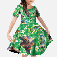 Hawaii Map with Plumeria Flower and Palaka Pattern Family Matching Off The Shoulder Long Sleeve Dress and Hawaiian Shirt Tropical Island Green Design LT03 Daughter's Dress Green - Polynesian Pride