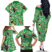 Hawaii Map with Plumeria Flower and Palaka Pattern Family Matching Off The Shoulder Long Sleeve Dress and Hawaiian Shirt Tropical Island Green Design LT03 - Polynesian Pride