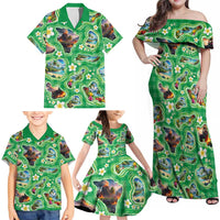 Hawaii Map with Plumeria Flower and Palaka Pattern Family Matching Off Shoulder Maxi Dress and Hawaiian Shirt Tropical Island Green Design LT03 - Polynesian Pride