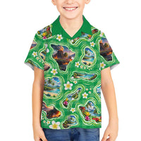 Hawaii Map with Plumeria Flower and Palaka Pattern Family Matching Off Shoulder Maxi Dress and Hawaiian Shirt Tropical Island Green Design LT03 Son's Shirt Green - Polynesian Pride