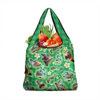 Hawaii Map with Plumeria Flower and Palaka Pattern Grocery Bag Tropical Island Green Design