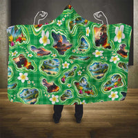 Hawaii Map with Plumeria Flower and Palaka Pattern Hooded Blanket Tropical Island Green Design