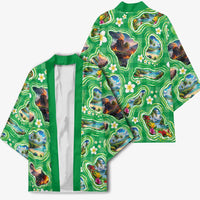 Hawaii Map with Plumeria Flower and Palaka Pattern Kimono Tropical Island Green Design