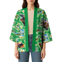 Hawaii Map with Plumeria Flower and Palaka Pattern Kimono Tropical Island Green Design