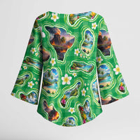 Hawaii Map with Plumeria Flower and Palaka Pattern Kimono Sleeve Blouse Tropical Island Green Design