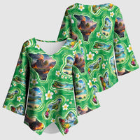 Hawaii Map with Plumeria Flower and Palaka Pattern Kimono Sleeve Blouse Tropical Island Green Design