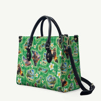 Hawaii Map with Plumeria Flower and Palaka Pattern Leather Bag Tropical Island Green Design