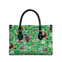 Hawaii Map with Plumeria Flower and Palaka Pattern Leather Bag Tropical Island Green Design