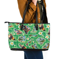 Hawaii Map with Plumeria Flower and Palaka Pattern Leather Tote Bag Tropical Island Green Design