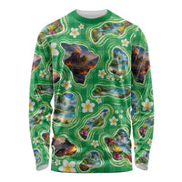 Hawaii Map with Plumeria Flower and Palaka Pattern Long Sleeve Shirt Tropical Island Green Design