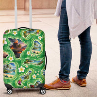 Hawaii Map with Plumeria Flower and Palaka Pattern Luggage Cover Tropical Island Green Design