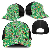 Hawaii Map with Plumeria Flower and Palaka Pattern Mesh Trucker Cap Tropical Island Green Design