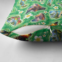 Hawaii Map with Plumeria Flower and Palaka Pattern Pillow Cover Tropical Island Green Design