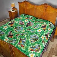 Hawaii Map with Plumeria Flower and Palaka Pattern Quilt Tropical Island Green Design