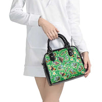 Hawaii Map with Plumeria Flower and Palaka Pattern Shoulder Handbag Tropical Island Green Design