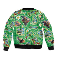 Hawaii Map with Plumeria Flower and Palaka Pattern Sleeve Zip Bomber Jacket Tropical Island Green Design