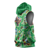 Hawaii Map with Plumeria Flower and Palaka Pattern Sleeveless Hoodie Tropical Island Green Design