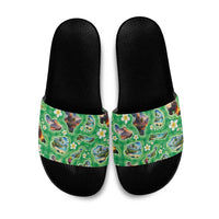 Hawaii Map with Plumeria Flower and Palaka Pattern Slide Sandals Tropical Island Green Design