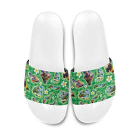 Hawaii Map with Plumeria Flower and Palaka Pattern Slide Sandals Tropical Island Green Design
