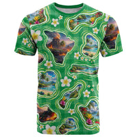 Hawaii Map with Plumeria Flower and Palaka Pattern T Shirt Tropical Island Green Design