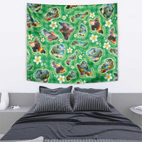 Hawaii Map with Plumeria Flower and Palaka Pattern Tapestry Tropical Island Green Design