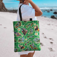 Hawaii Map with Plumeria Flower and Palaka Pattern Tote Bag Tropical Island Green Design