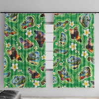 Hawaii Map with Plumeria Flower and Palaka Pattern Window Curtain Tropical Island Green Design