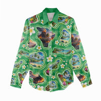 Hawaii Map with Plumeria Flower and Palaka Pattern Women Casual Shirt Tropical Island Green Design