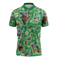 Hawaii Map with Plumeria Flower and Palaka Pattern Zipper Polo Shirt Tropical Island Green Design
